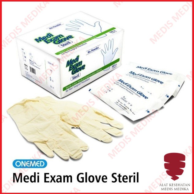 Sarung Tangan Medi Exam Sterile Ukuran XS S M L Onemed  Handscoon Handscon Handskun Karet Latex Surgery Glove Steril Size Large Medium Small Extra