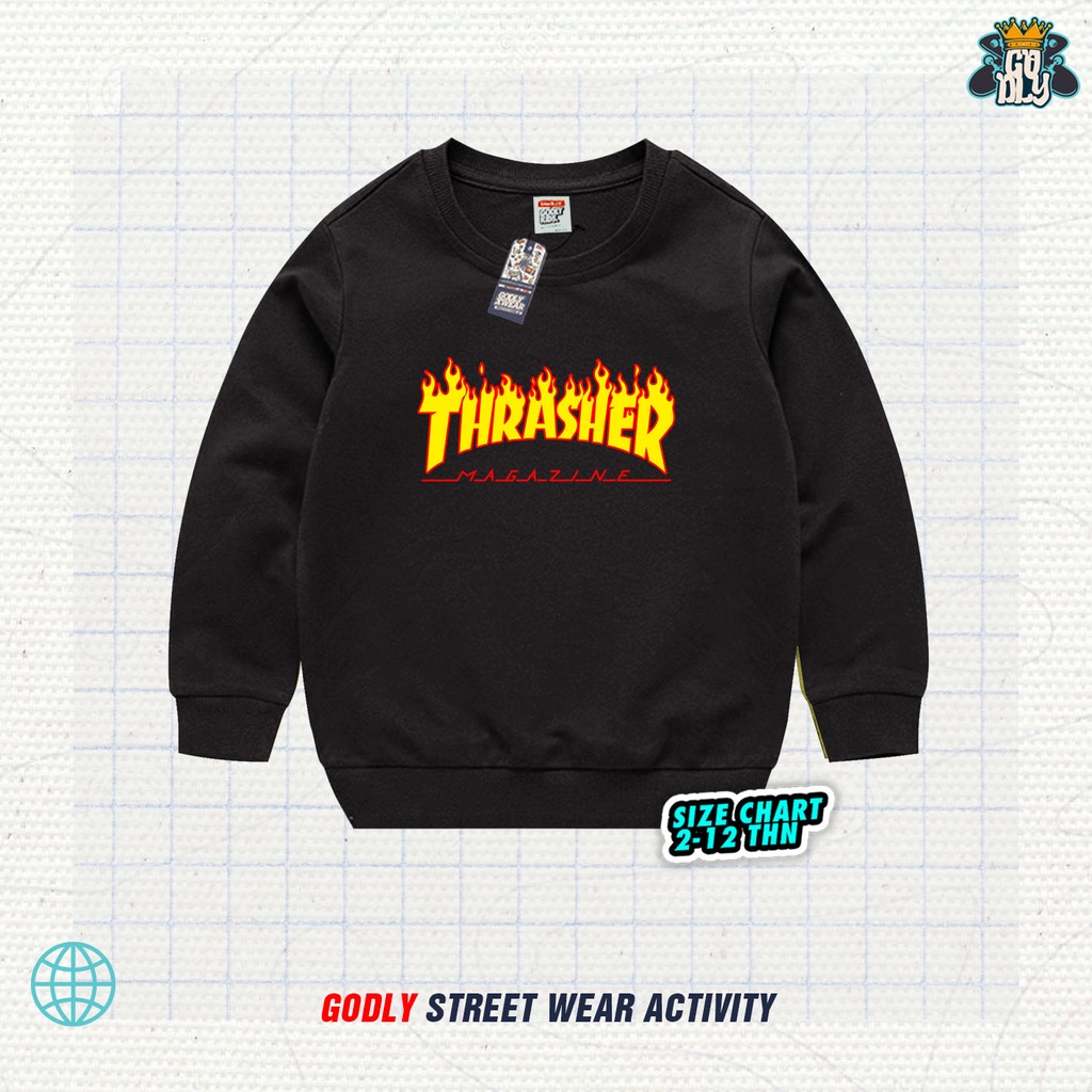 Sweater Anak THRASHER 1-12th / Crew Neck / Jaket Anak / Bahan Katun Fleece Sablon DTF / Bayar di Tempat