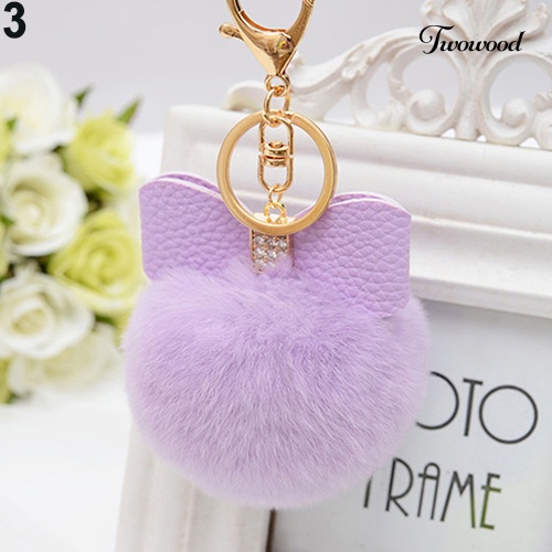 Twowood Faux Rabbit Fur Pom Pom Fluffy Puff Ball Ikatan Simpul Tas Mobil Gantungan Kunci Ring Keychain