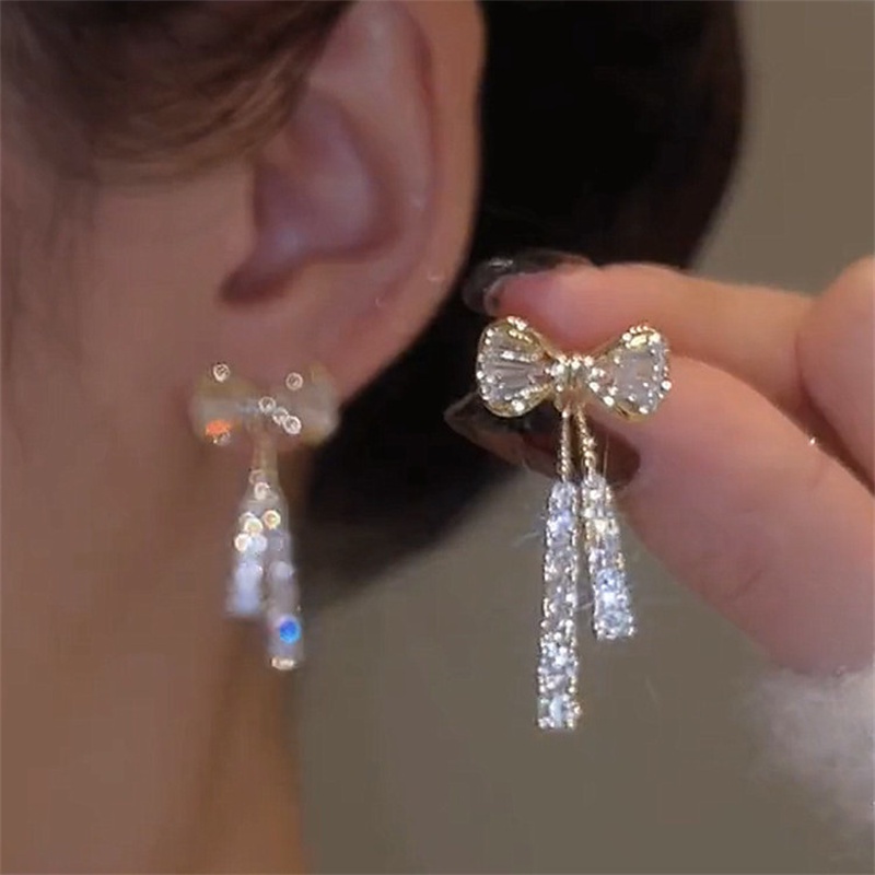 Fashion Korea s925 Perak Jarum micro Hias Busur Zirkon Wanita Kristal Anting Pernikahan Perjamuan Perhiasan