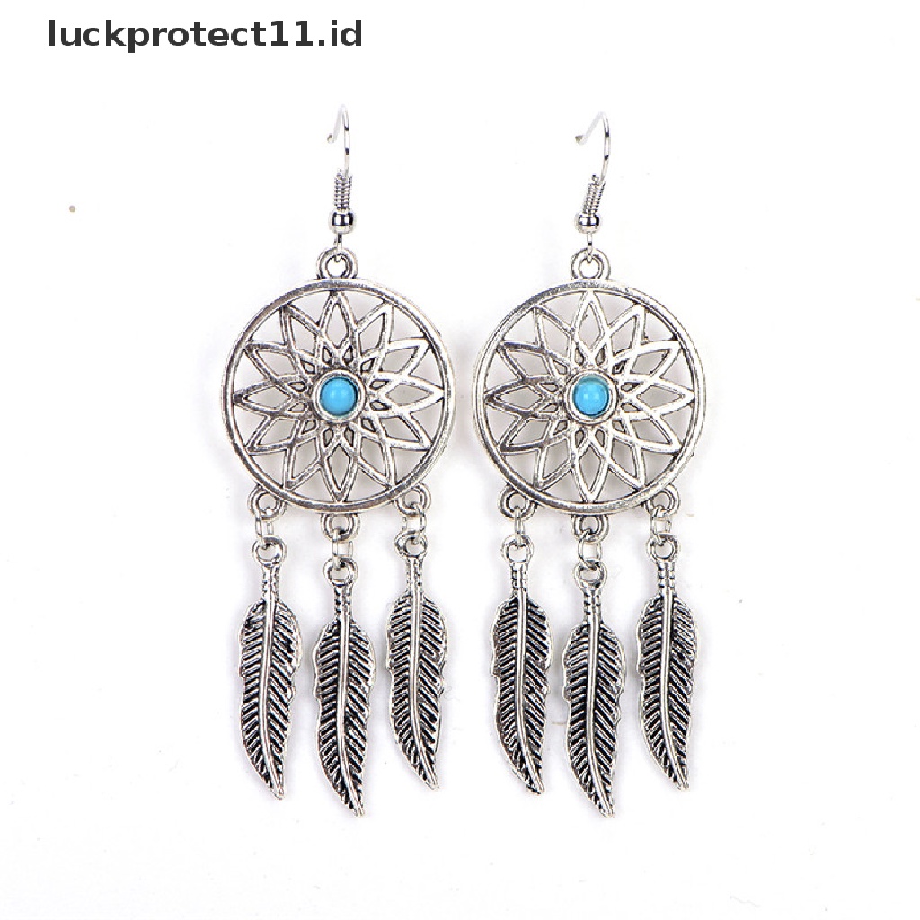 /Fashion Hot// Fashion// Bohemian Dreamcatcher Daun Bulu Liontin Kalung Anting Set Perhiasan.