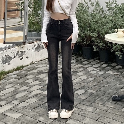 Celana jeans melebar pinggang tinggi high-waist hamparan luas leg denim kasual berkobar celana wanita Korea