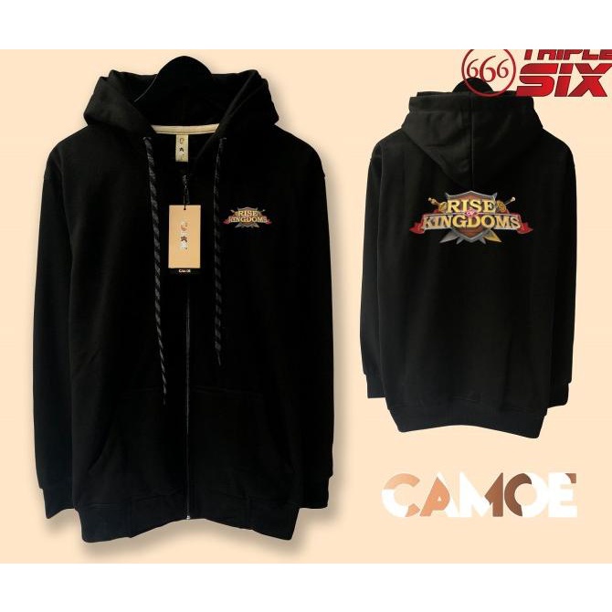 Jacket Rise of kingdoms Sweater Hoodie Pria Bahan Fleece Sablon Polyflex Zipper Resleting Depan