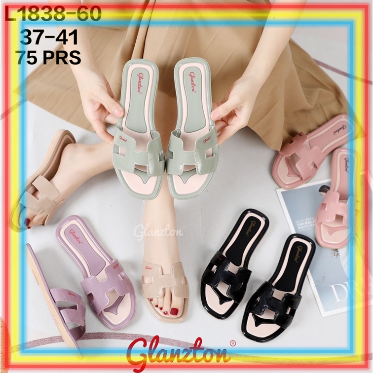 L1838-60 Sandal Selop Glanzton Wanita Karet Model H Sendal Slop Glanzton Cewek Jelly Murah Kekinian