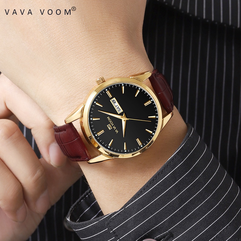 VAVAVOOM Jam Tangan Pria Original Anti Air Tahan Kulit Analog Men Watch Hitam Putih Biru Cod-1