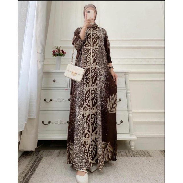 Aktsara Batik - Kaftan Wanita Kaftan Batik Dress Kekinian Hijab Kaftan Cap Jumbo XXXXL Motif Sogan B