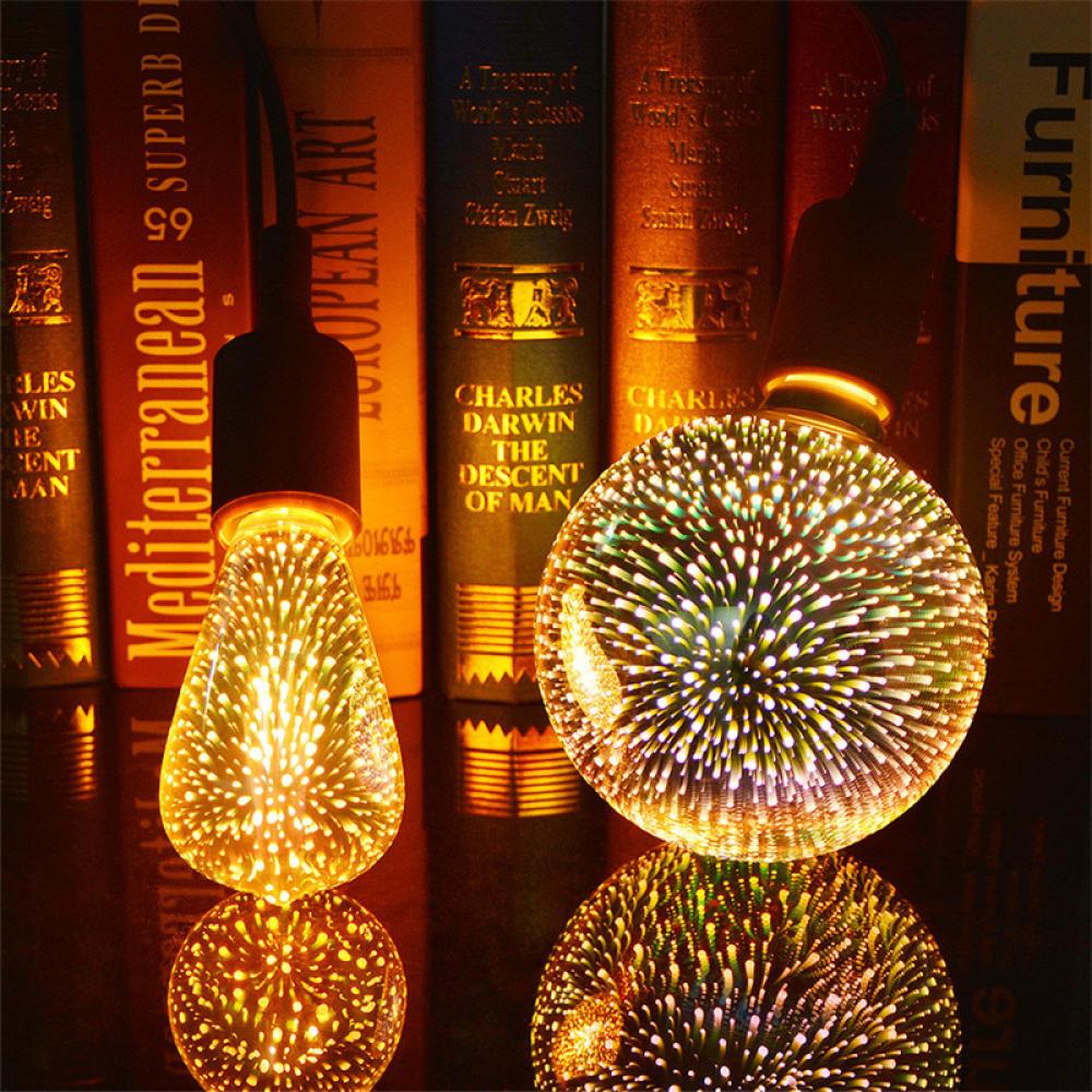 Timekey 3D Colorful Vintage Fireworks LED Edison Lampu Bohlam E27 Socket 220V Bohlam Dekorasi Vintage ST64 G95 A60 Natal Lampu LED R8T2