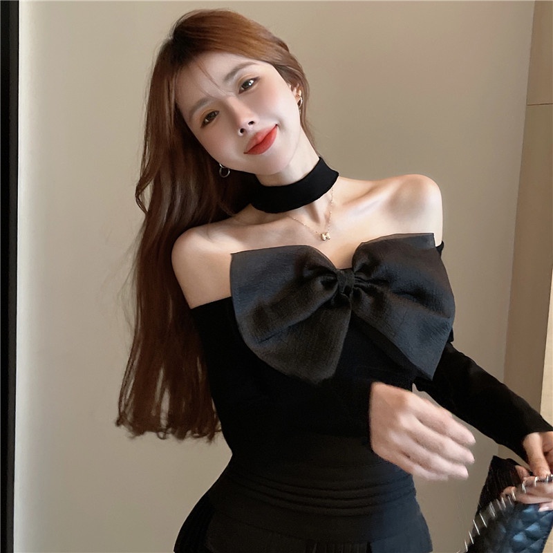 ♟Suhao satu-shoulder ikatan simpul halter leher sweater wanita musim gugur off-the-shoulder lengan panjang babes slim fit pendek bottoming top