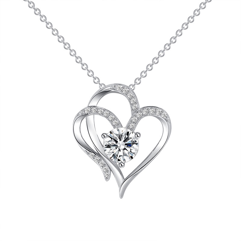 Kalung Liontin Hati Ganda Emas Putih Perempuan Hati Ke Hati Temperamen Elegan High-End Bertatahkan Zirkon Jantung Kalung