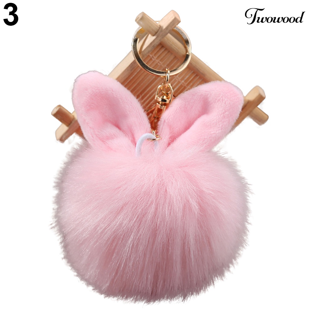 Twowood Cute Faux Fur Rabbit Ear Lembut Pom Pom Ball Kunci Gantungan Rantai Keychain Tas Decor