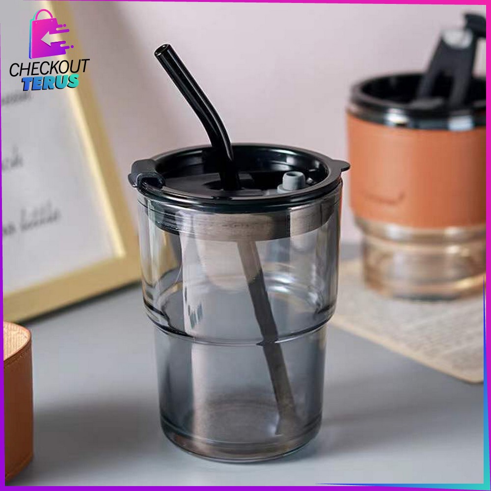 CT C742 Tumbler Minum Aesthetic Gelas Minum Transparan Ukuran 400ML dengan Sedotan Bottle Cup Kaca Anti Panas Portabel