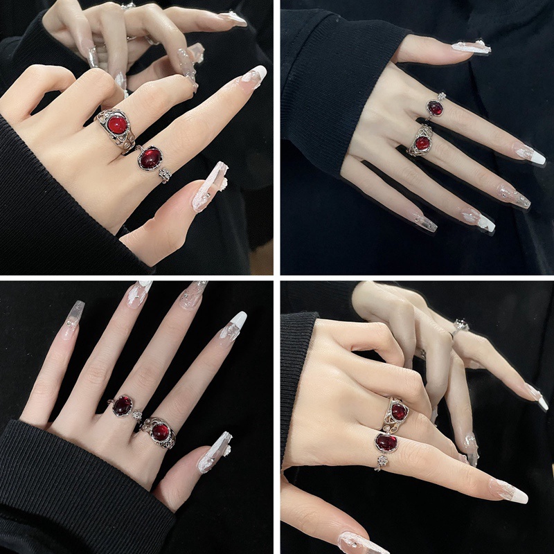 Cincin Tidak Teratur Dengan Opal Aesthetic Egirl Berongga Vintage Batu Merah Cincin Untuk Wanita Kuncup Bunga Cincin Terbuka Perhiasan Trendi