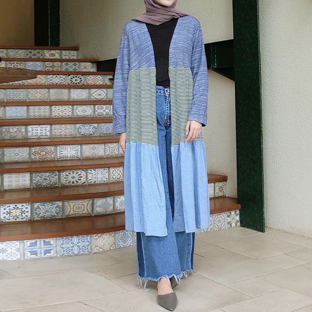 CARDIGAN LONG OUTER RAJUT BIRU HIJAU & KAOS GARIS HITAM PUTIH IMPORT