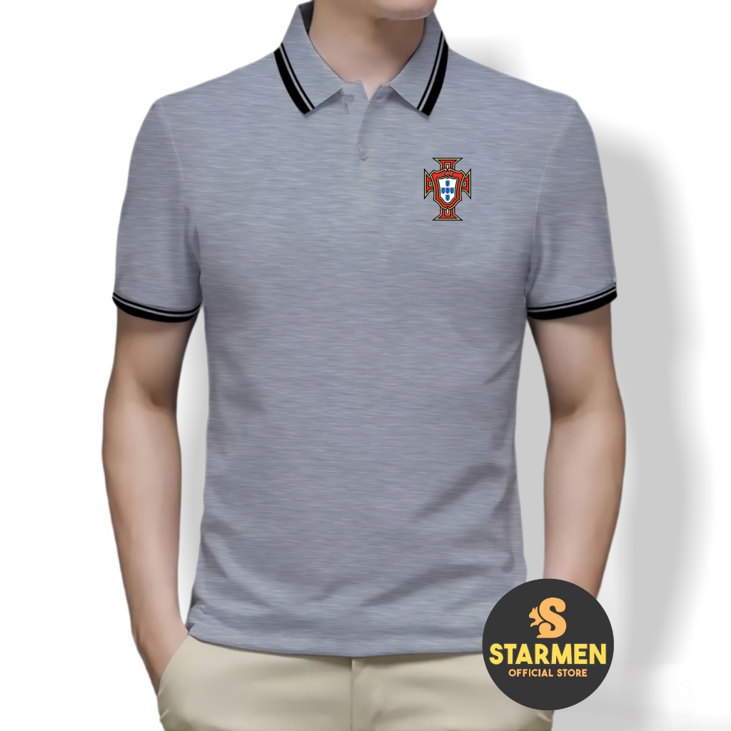 Kaos Polo Shirt Pria Kerah List Putih logo PORTUGAL