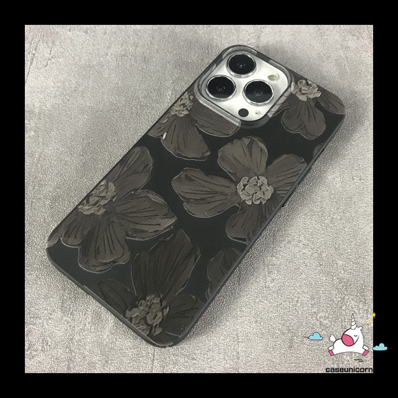 IPHONE Casing Case Ponsel Glossy Kompatibel Untuk Iphone14 13 11 12 Pro Max 7Plus 8Plus XR 78 14 Plus X XS Max SE 2020retro Lukisan Cat Minyak Bunga Halus Lembut Tpu Hitam Penutup Belakang