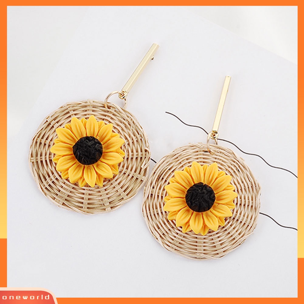 [WONE] Boho Bunga Matahari Rotan Anyaman Bulat Liontin Statement Wanita Stud Earrings Jewelry
