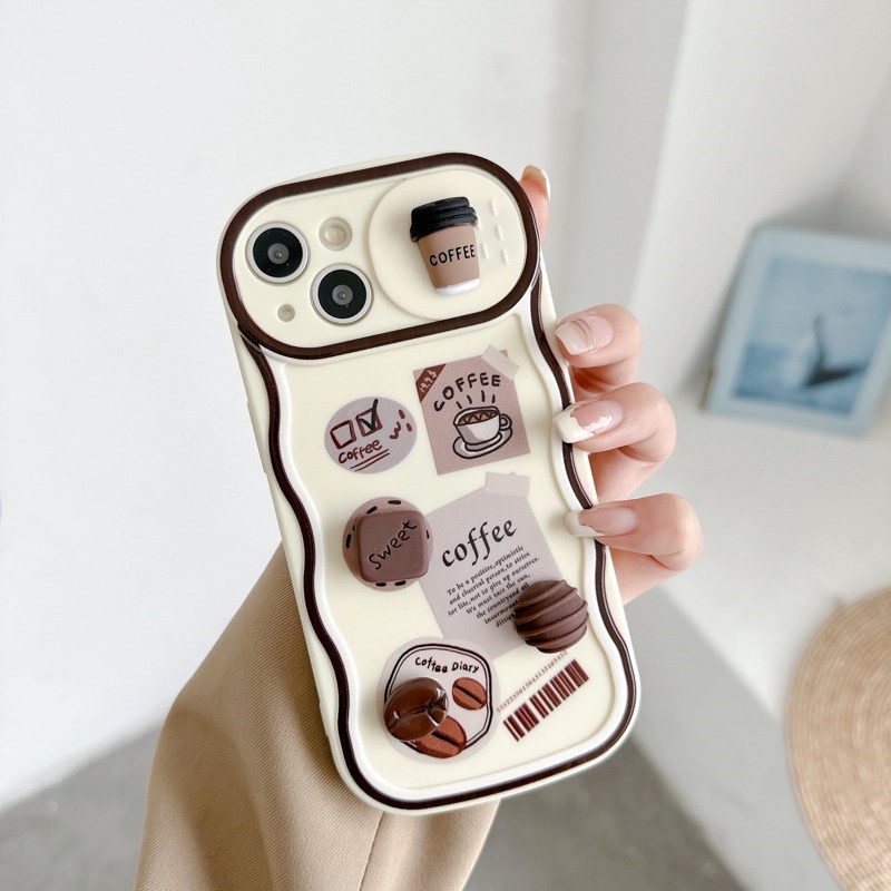 Fashion Coffee Bean Doll Push The Window Cover Soft Case iP iPhone 11 12 13 14 Pro Max + Plus Brown Wavy Casing Apple