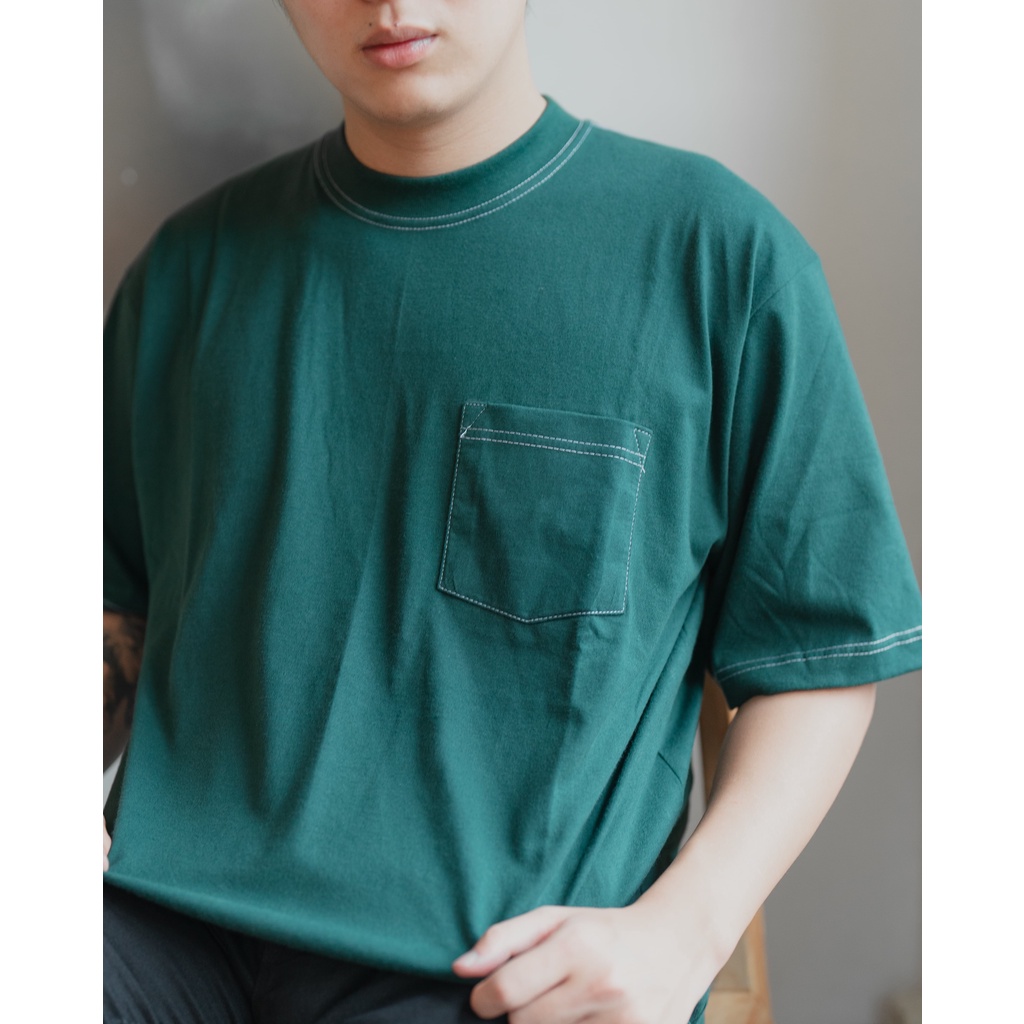 Kaos Oversize Pria Heavy Cotton - Ginza Oversized Tshirt Pine Green White Stitch  - ByBlank