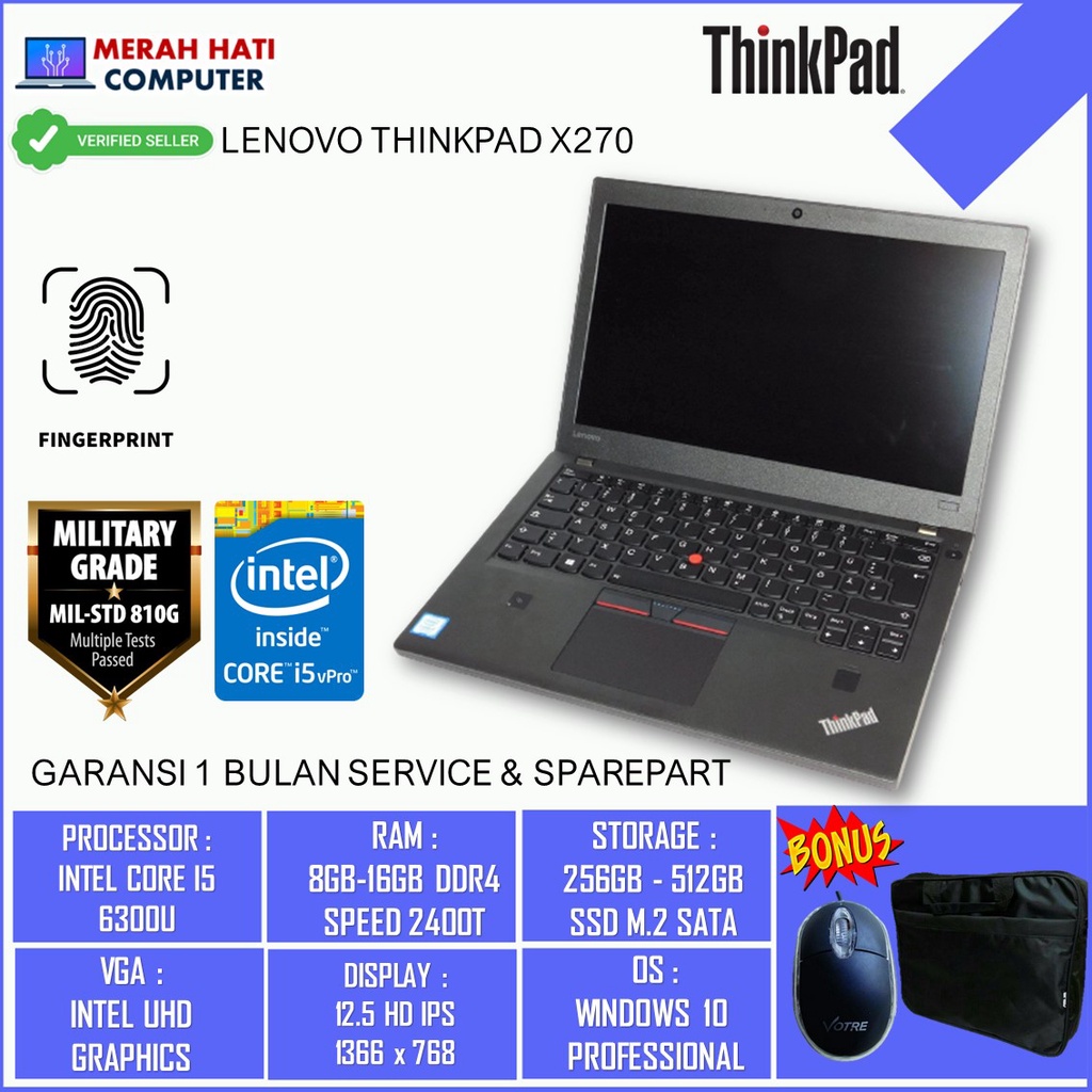 Laptop Thinkpad X260/X270 Core i5 Gen6 6200U 6300U RAM 16GB SSD 512GB HD IPS Windows 10 Pro Bergaransi Original