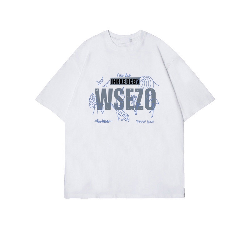 Blue Letter Kaos Lengan Pendek Cream Atasan Wanita Oversize Printed T-shirt Kekinian Korean Style/kaos wanita jumbo