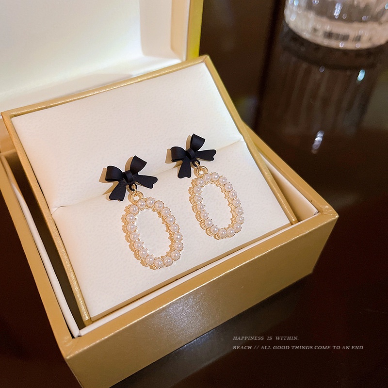 Anting Busur Hitam Anting Tusuk Mutiara Emas Drop Earring Untuk Aksesoris Perhiasan Wanita