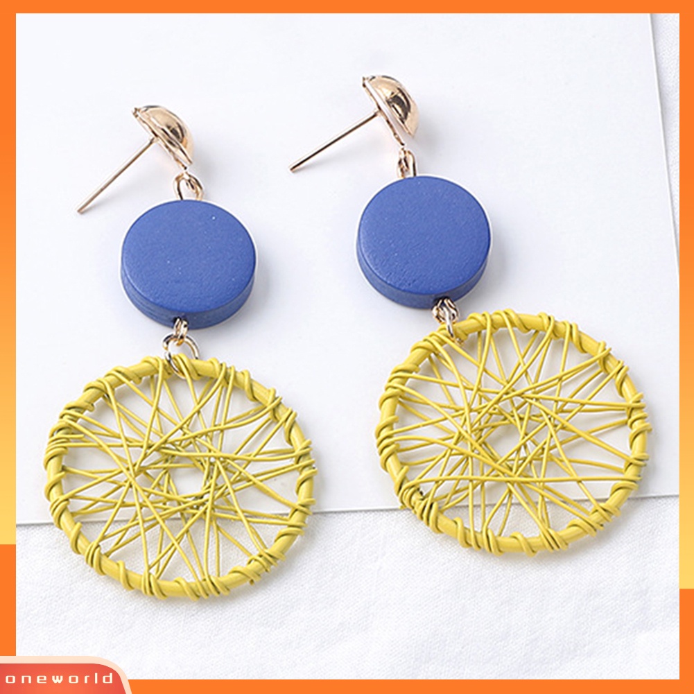 [WONE] Vintage Wanita Kayu Bulat Dreamcatcher Statement Stud Earrings Perhiasan Hadiah