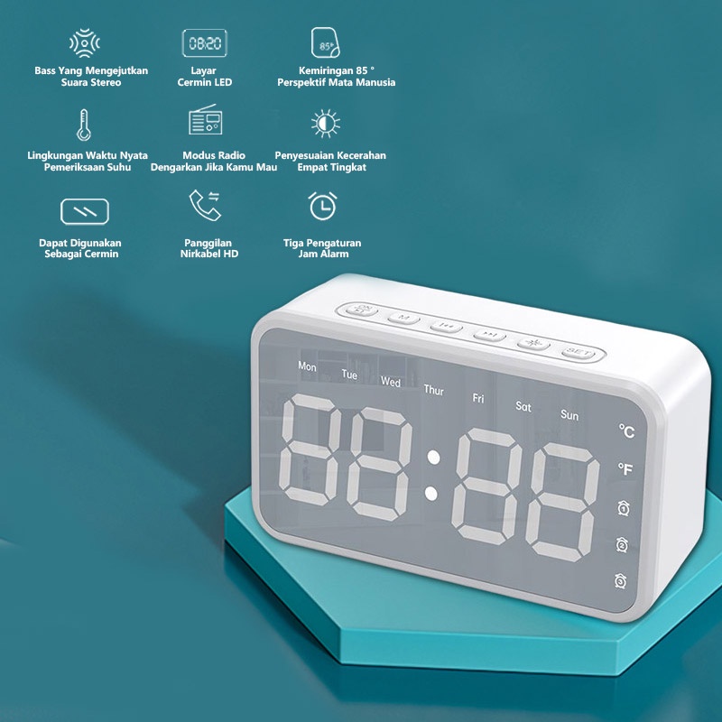 Mini Desktop Wireless Bluetooth Speaker Cermin Smart Touch Jam Alarm Subwoofer Kolom Panggilan Handsfree/Kartu TF/FM