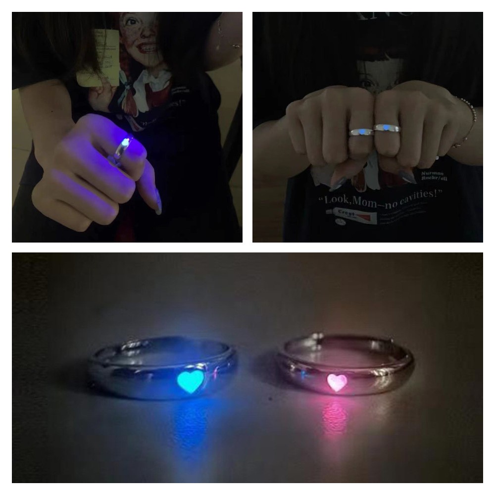 [COD Tangding] Sederhana Cinta Hati Bercahaya Pasangan Cincin Pria Wanita Neon Pembukaan Rings Perhiasan Hadiah