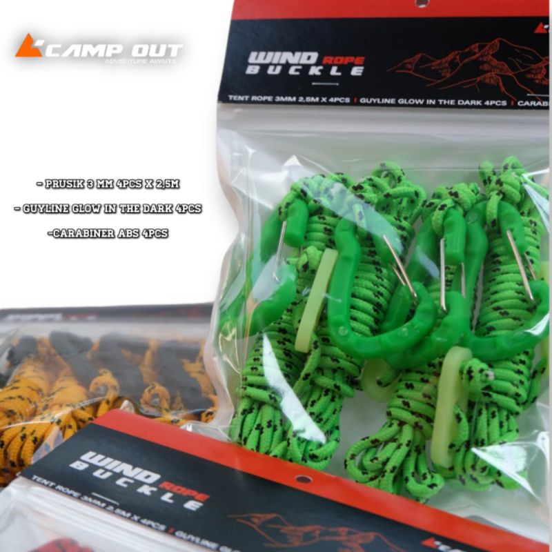 PAKET TALI PERUSIK TENDA FLYSHEET 4 SET CAMP OUT - CARABINER ABS -  GUYLINE GLOW IN THE DARK - PRUSIK 3MM CAMPING