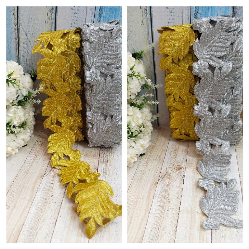 #Renda bordir motif daun gold silver meteran
