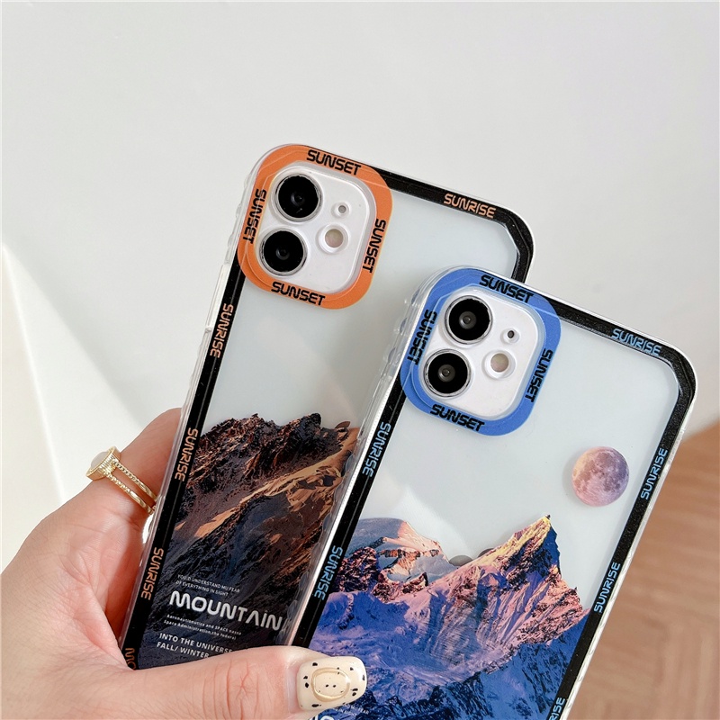 IPHONE Top Snow Mountain landscape Transparan Phone Case Untuk Iphone7 8 Plus SE2 13 12 11 14 Pro Max X XR XS Cases Mewah Bening Penutup Belakang