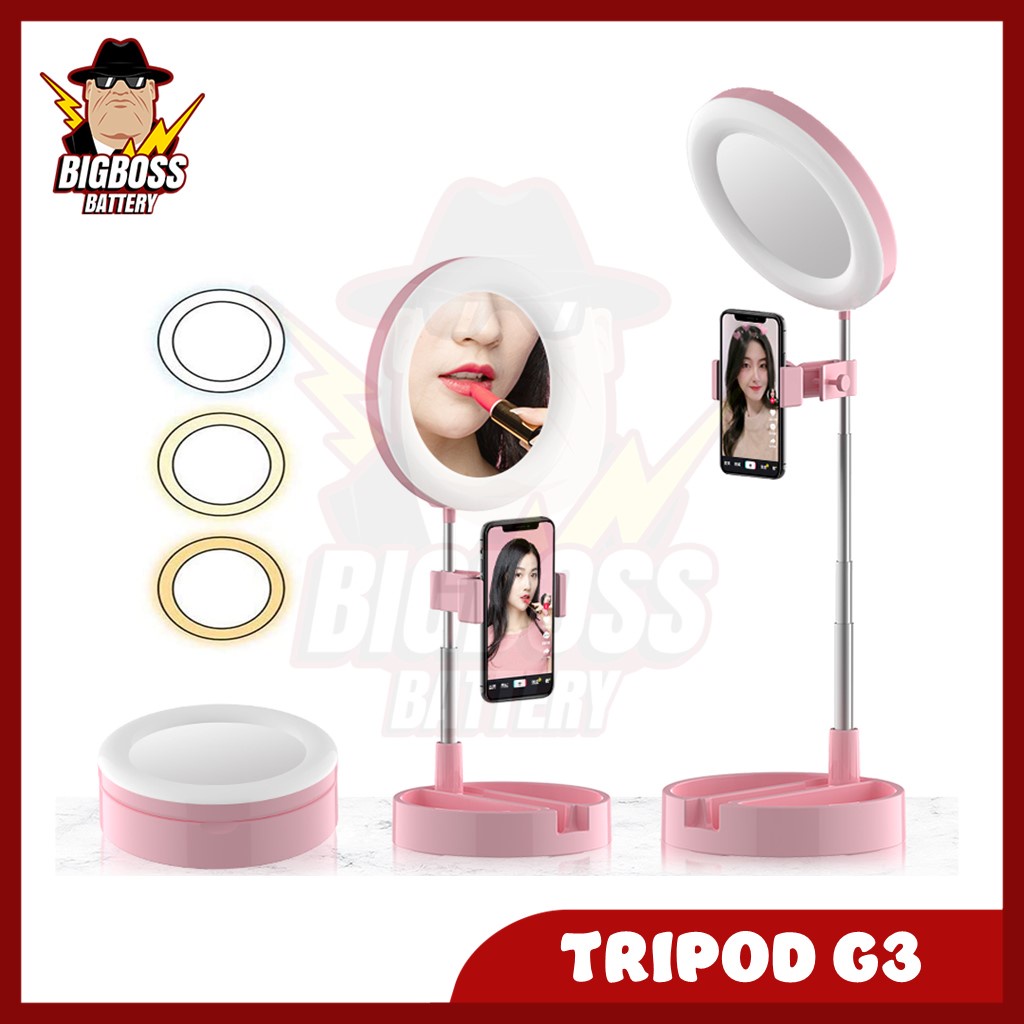 Tripod Selfie Stand Streaming Plus Ring Light Makeup G3 Mirror Selfie Minimalis