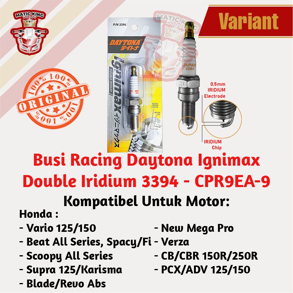 Busi Racing Iridium Beat Vario Karisma Supra X 125 Scoopy Verza PCX New MegaPro Genio Deluxe Blade Revo absolute CBR ADV 150 250R DAYTONA IGNIMAX 3394