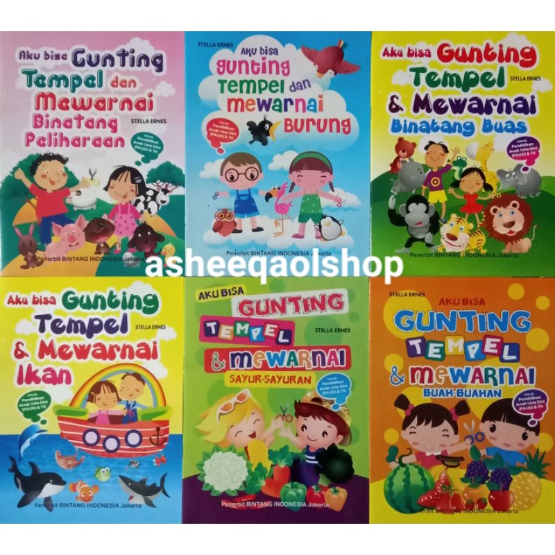 Buku Aku Bisa Gunting Tempel Mewarnai Binatang/Sayuran/Buah/Ikan/Peliharaan/Burung