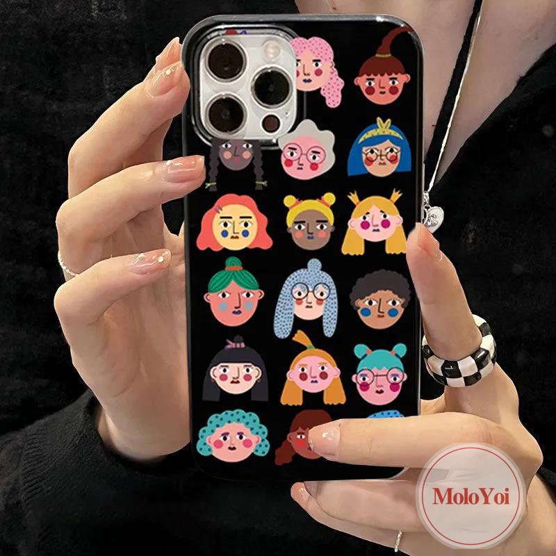 IPHONE Ins Fashion Kreatif Kartun Lucu Kartun Avatar Glossy Case Kompatibel Untuk Iphone12 11 13 14 Pro Max XR 7Plus 8plus7 8 14 Plus X XS Max SE 2020halus Lembut Tpu Hitam Penutup Belakang