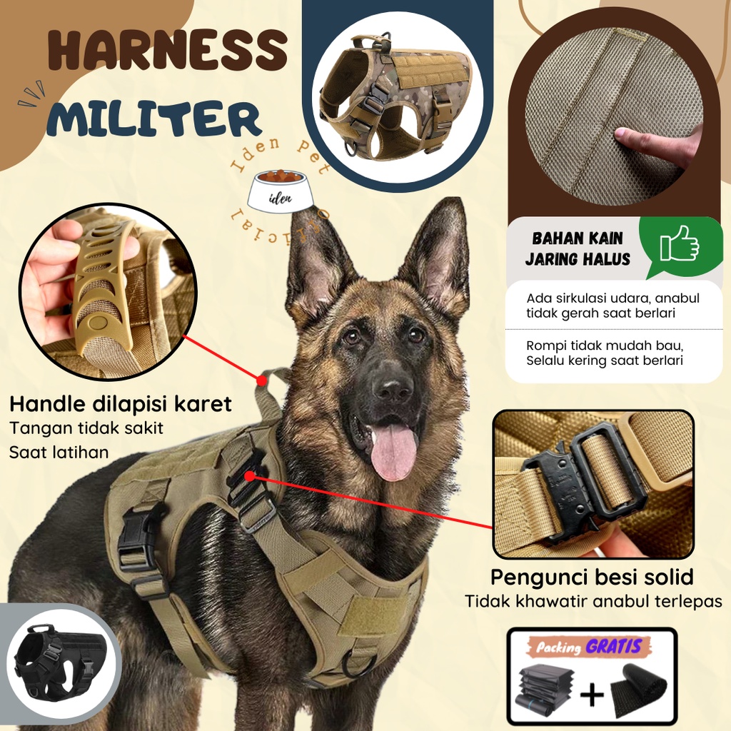 Rompi Anjing Besar Militer Dog Harness Vest Tactical Kalung Tali Tuntun Harnes