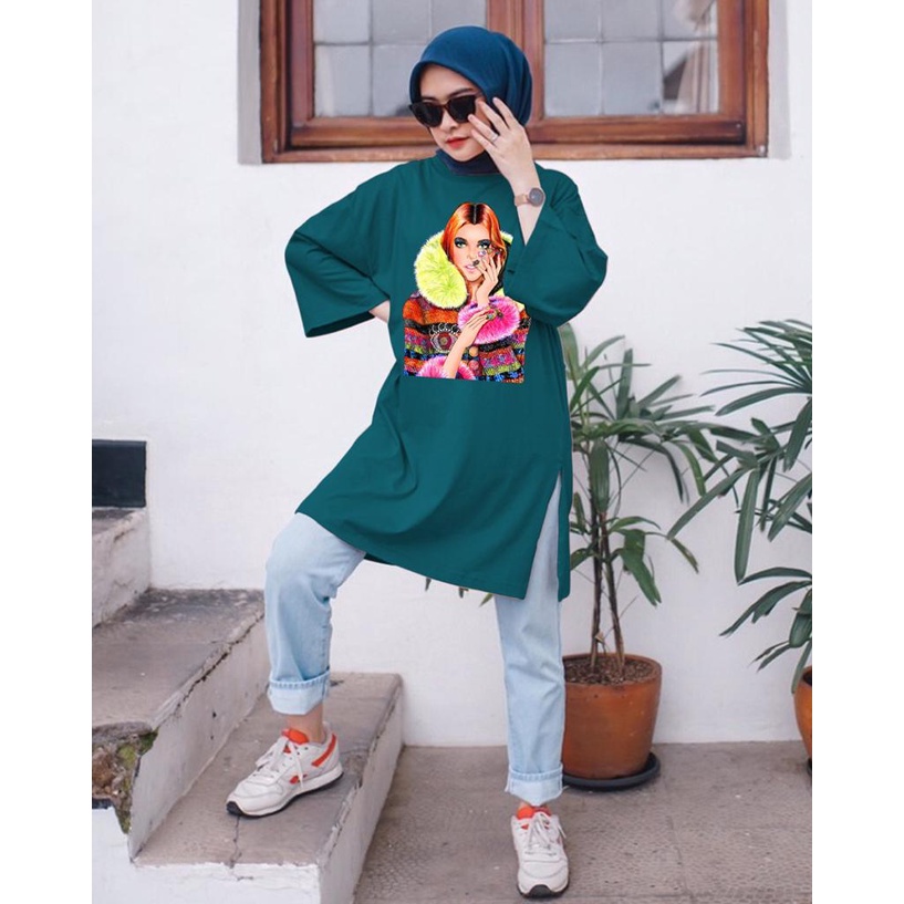 KAOS OVERSIZE TOP HIJAB WANITA BASIC DTF CEWEK SHAL / OVERSIZE SLIT BLOUSE GAMBAR DTF / DIGITAL PRINT