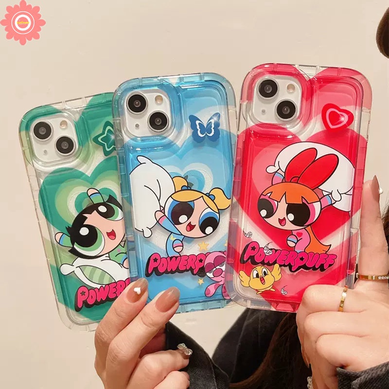 IPHONE Casing Ponsel Anak Perempuan Powerpuff Kompatibel Untuk Iphone14 13 11 12 Pro MAX XR 7plus 78 6 6S Plus X XS MAX Kartun Lucu Manis Cinta Hati Bening Shockproof AiRbag Lembut TPU Penutup Belakang