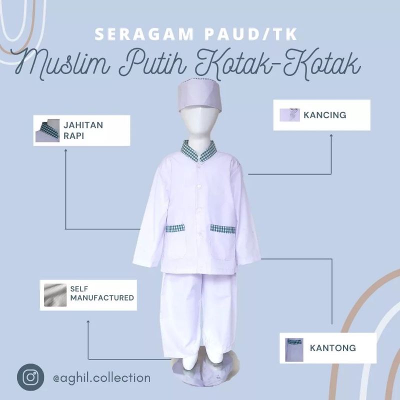 SERAGAM TK/PAUD MUSLIM PUTIH BAJU TK/PAUD MUSLIM PUTIH KOMBINASI HIJAU