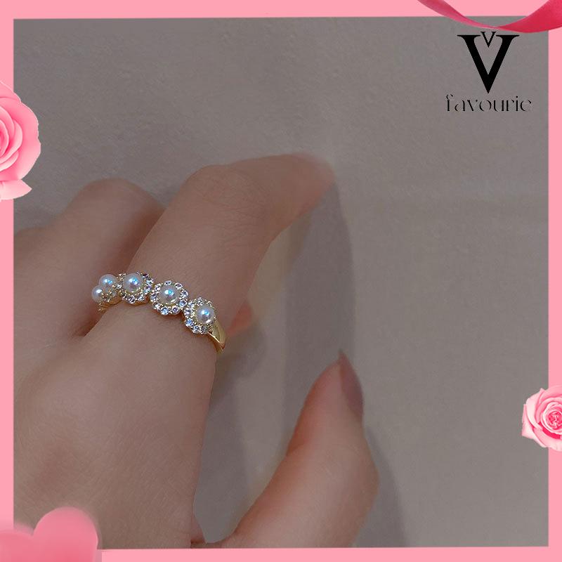 CODDouble-layer Retro Pearl Diamond Ring Niche Light Desain Mewah Cincin Dapat Disesuaikan Terbuka-FA