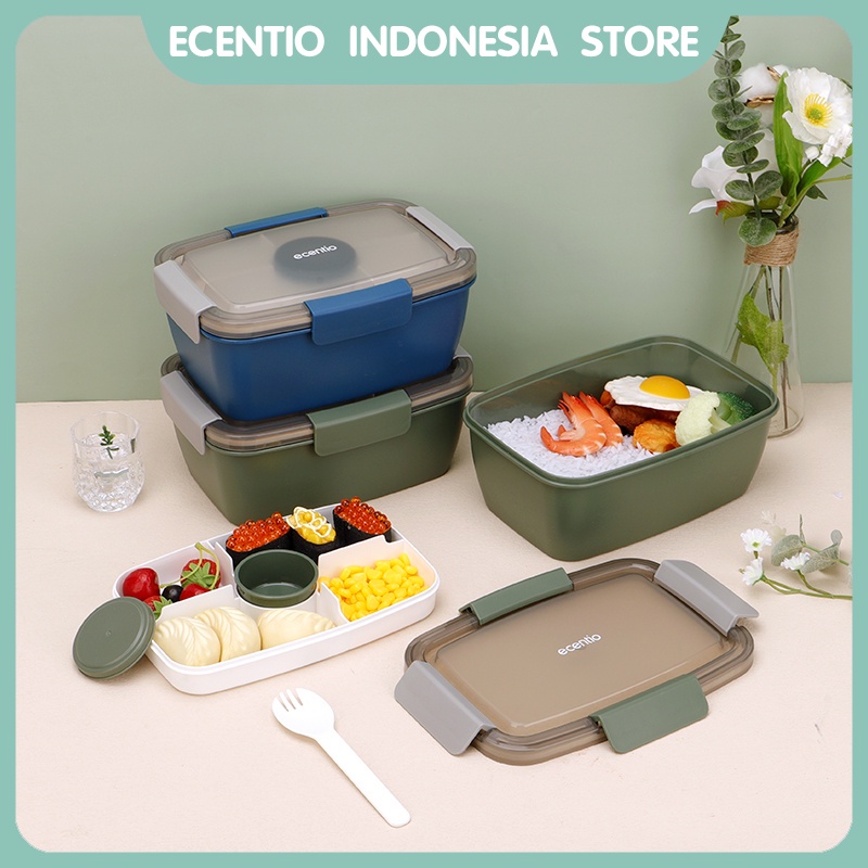 ecentio lunch box/kotak makan double layer 2L free kotak/tempat bekal makan sambal/sauce cup