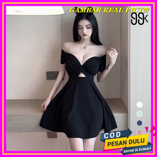 Mini Dress Bunga Korea Korean Sexy Sabrina Mini Dress Lengan Pendek 1418 ( S/M/L/Xl )