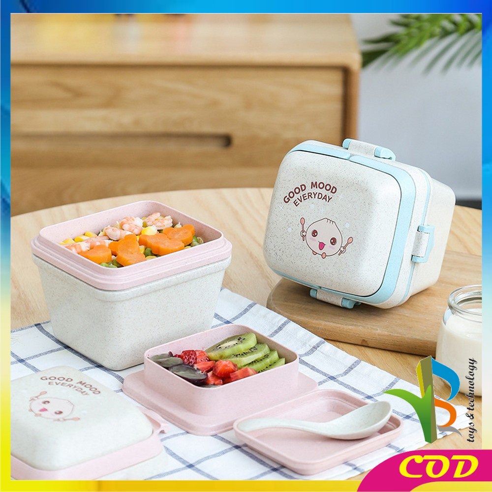 RB-C692 Lunch Box Set Kotak Makan Anti Tumpah Free Sendok Bahan PP Jerami Gandum / Tempat Bekal Bento Set Microwavable Good Mood Everyday Portable BPA FREE