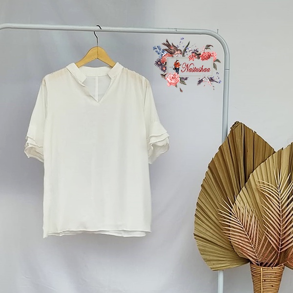 Blouse Korea V-Neck Atasan Kantor Tangan Lonceng Tumpuk 3/4 Formal Top Blus Casual Broken White Kekinian