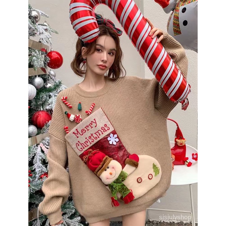 #Sisjuly# Jumper longgar wanita musim gugur dan musim dingin Natal merah kartun lucu atasan angin re
