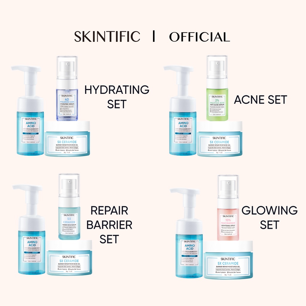 SKINTIFIC 3pcs Amino Gentle Cleansing skincare set Cleansing Mousse/Facial Wash + Moisture Gel + Brightening Serum / Acne Serum / Barrier Repair Serum / Hydrating Serum [BPOM]