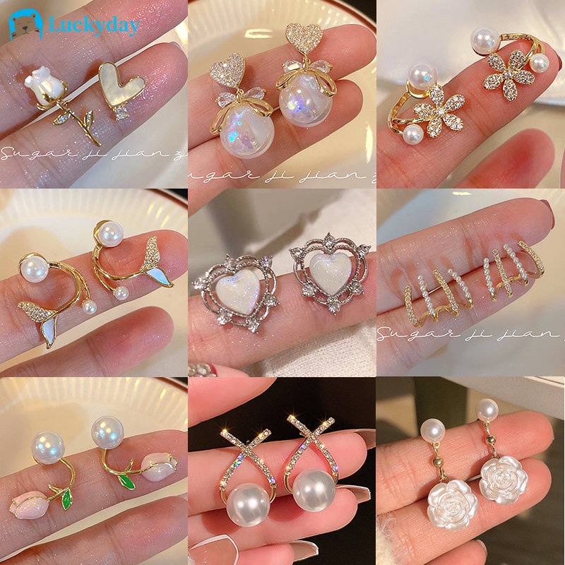 YEEZII Fashion Anting Mutiara Kristal Untuk Wanita Cinta Hati Bunga Ekor Ikan Tulip Stud Earring Perhiasan Aksesoris