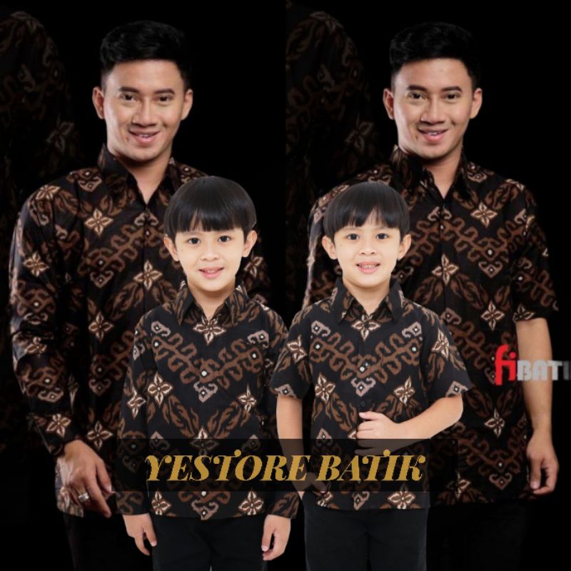 0BAJU BATIK COUPLE AYAH ANAK LENGAN PENDEK, BAJU BATIK PRIA ZIG-ZAG HITAM COKLAT, BAJU ANAK COWOK COUPLE AYAH, BAJU BATIK KELUARGA, SERAGAM BATIK, COUPLE BATIK WARNA HITAM COKLAT
