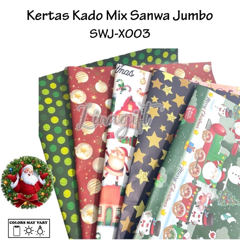 ( 5 Lembar 5 Motif ) JUMBO XMAS MIX SANWA - KERTAS KADO NATAL - GIFT WRAP PAPER SANSAN WAWA CHRISTMAS SANTA / SNOWMAN / POHON NATAL / RED / GREEN / GOLD