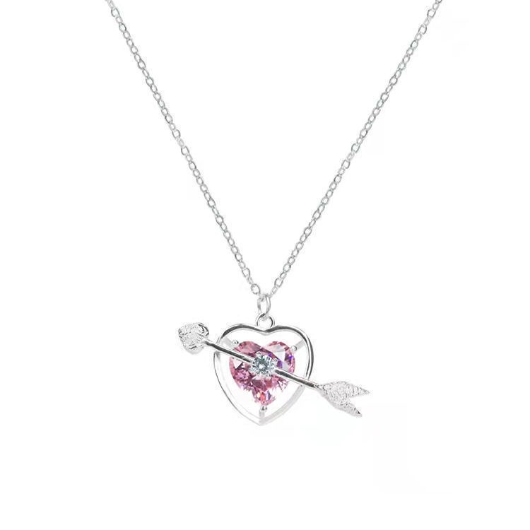 [Harga Grosir]cupid Kalung Tindik Hati/ Sweet Princess Wind Pink Rhinestone Love Kerah Rantai